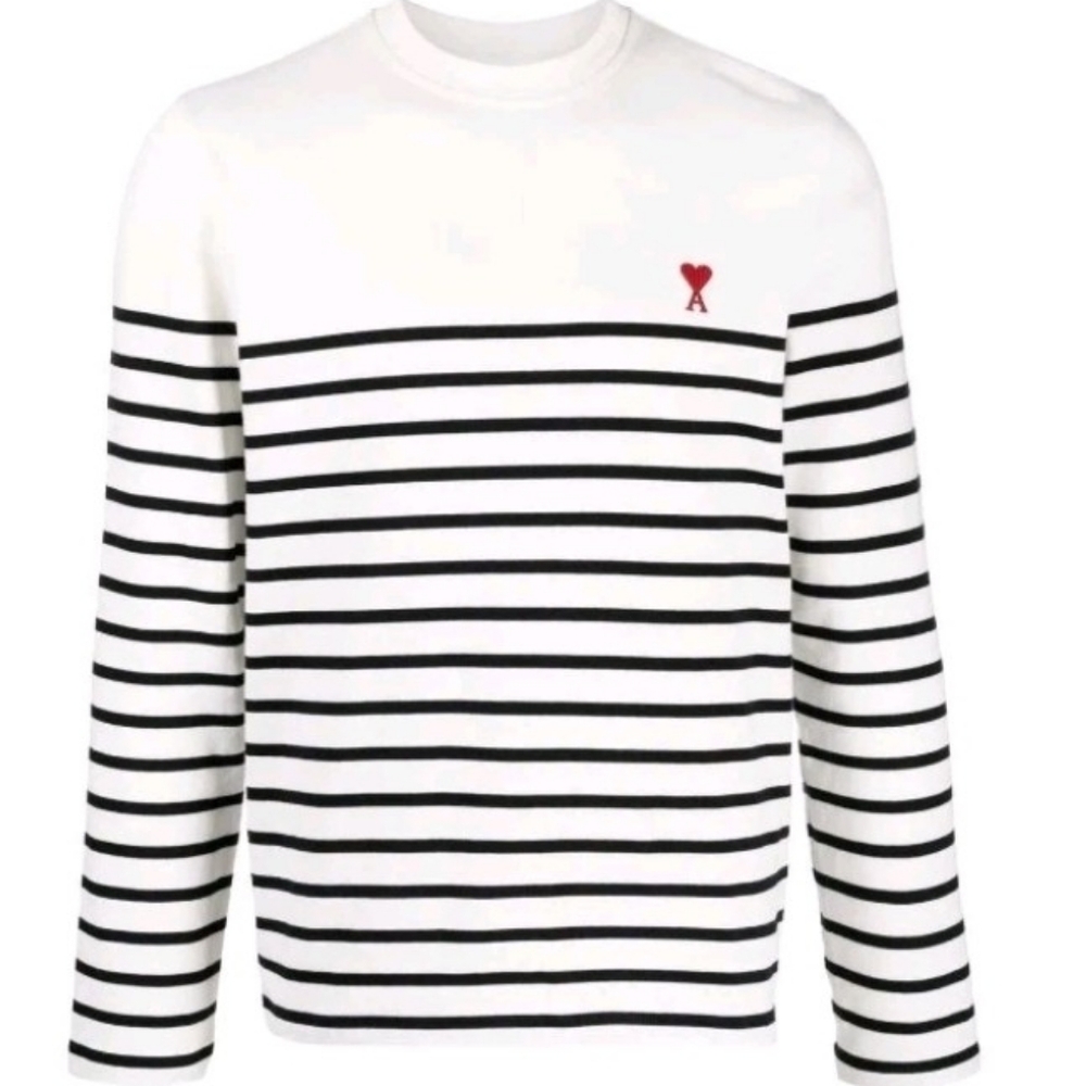 AMI Alexandre Mattiussi White Black Striped Red Logo Heart Long Sleeve Tee Small